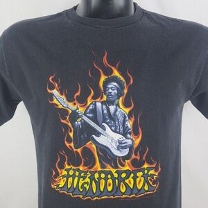 2004 Jimmi Hendrix Official spell out fire graphics Med black faded t-shirt